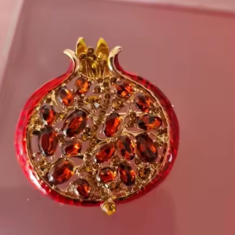 Ruby Red Pomegranate Crystal Gold Brooch - Picture 9 of 12